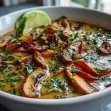 A steaming Thai Coconut Curry Soup Bowl with tender chicken, mushrooms, carrots, and creamy coconut broth.  