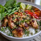 Creamy coconut rice topped with sautéed Thai chicken, crisp bell peppers, and fresh herbs in a vibrant bowl.  