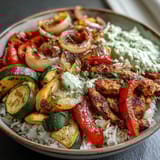 A close-up view of Sheet Pan Fajita Bowl shows tender chicken, roasted onions, and peppers over a bed of white rice with avocado slices on top.