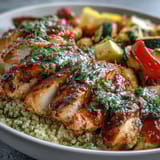 A wholesome, gluten-free paprika herb chicken roasted vegetable quinoa bowl garnished with Greek yogurt and lemon wedges, ready for a healthy weeknight dinner.