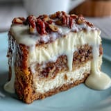 Decadent carrot cake cheesecake bars with swirls of spiced carrot cake and creamy cheesecake filling, topped with smooth cream cheese frosting.