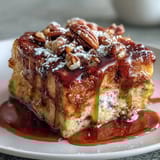 Fluffy pancake casserole with golden edges, baked to perfection and drizzled with rich maple syrup.  