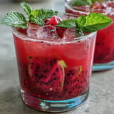 Close-up of vibrant dragon fruit lemonade with plump chia seeds, perfect summer drink.