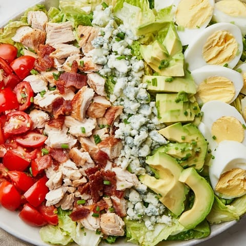 A colorful, fresh Cobb Salad with crispy bacon, creamy avocado, and crumbled blue cheese.