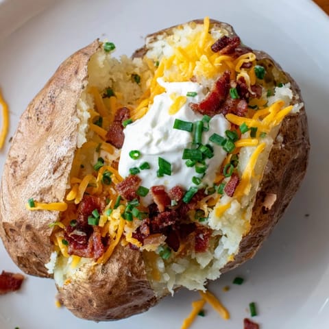 A fully loaded Baked Potato boasting creamy sour cream, golden cheese, and crumbled bacon, ready to eat.