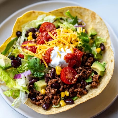 This image shows a beautifully arranged taco salad, with vibrant vegetables and a crispy tortilla shell.