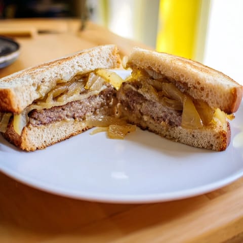Savory Patty Melt with layers of melted Swiss, juicy beef, and sweet onions on toasted rye.