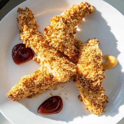 Freshly fried Chicken Tenders, showcasing their crunchy breading before dipping and eating.