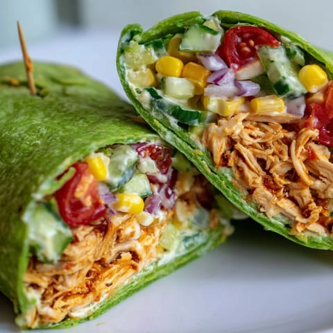 A close-up of a BBQ Chicken Salad Wrap on a wooden board, featuring a spinach tortilla loaded with BBQ chicken, crisp romaine, cherry tomatoes, corn, and cucumber, with a drizzle of creamy dressing.