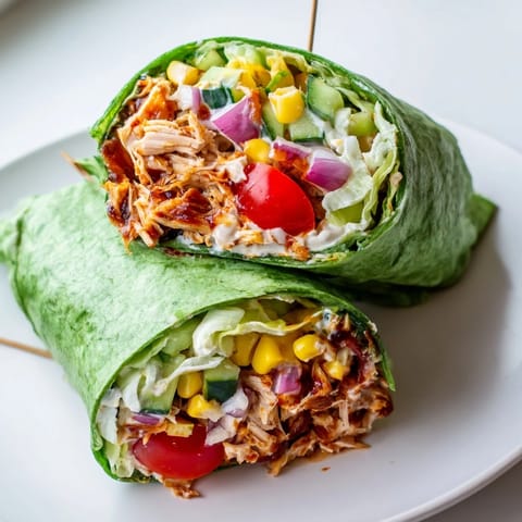 Perfect for a quick lunch, this BBQ Chicken Salad Wrap is sliced in half to reveal the colorful, crunchy fillings and juicy BBQ chicken inside.
