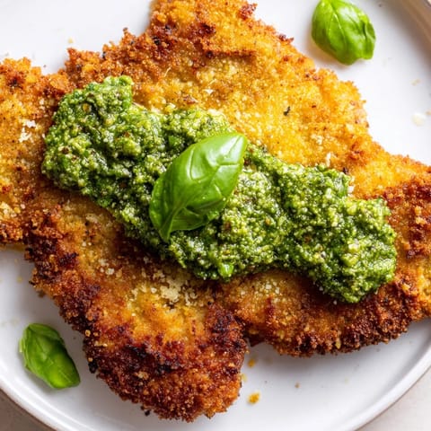 Panko-coated Crispy Pesto Chicken Cutlets are pan-fried to a golden crisp, topped with a vibrant green basil pesto sauce.