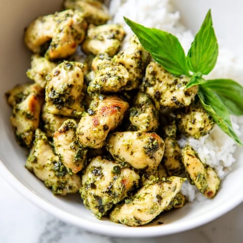 Tender chicken pieces coated in fragrant basil pesto are layered over warm white rice in this Chicken Pesto Rice Bowl.  