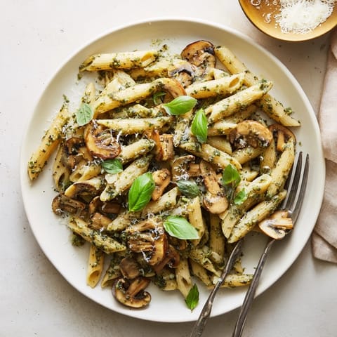 Penne pasta tossed in a rich, homemade basil pesto and cream sauce.