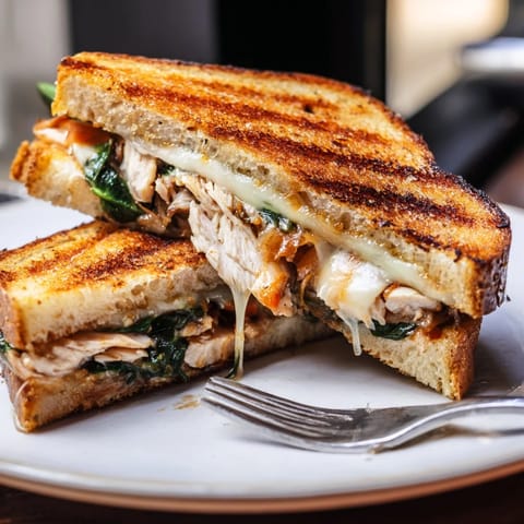 Sliced Grilled Chicken Spinach Panini on rustic bread revealing layers of tender chicken and gooey cheese.  