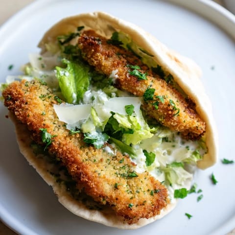 Warm pita pockets stuffed with golden herbed chicken Caesar pitas, featuring crispy chicken strips and creamy Caesar salad.