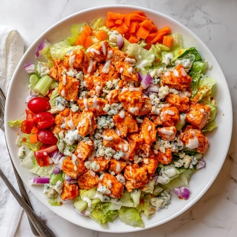 Freshly chopped romaine lettuce topped with spicy buffalo chicken, diced celery, and crumbled blue cheese in a white serving bowl.