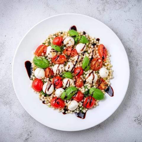 Bright cherry tomatoes and creamy mozzarella balls are tossed with tender pearled couscous, finished with fresh basil and a glossy balsamic glaze.  