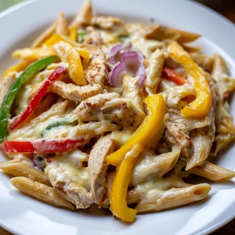 Golden-brown fajita chicken strips mingle with vibrant bell peppers and onions in a creamy, cheesy pasta skillet.  