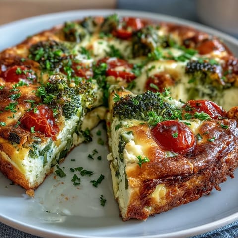 Golden-brown Vegetable Frittata with red bell peppers and zucchini baked in a skillet.