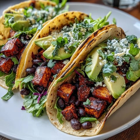 Hearty Black Bean and Sweet Potato Tacos, a colorful vegan feast, ready to serve.