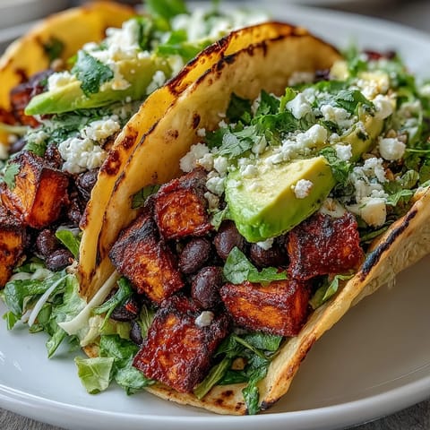 Vibrant Black Bean and Sweet Potato Tacos, generously topped and perfect for dinner.