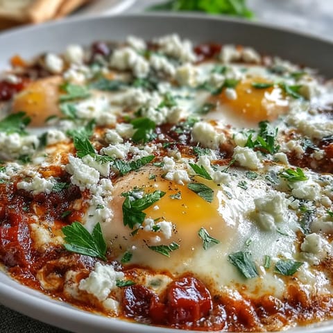 Comforting Shakshuka featuring bright red pepper sauce, runny egg yolks, and fresh herbs.