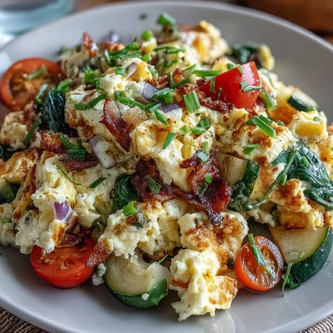 Vibrant egg and vegetable scramble, a fluffy, colorful breakfast, ready to eat.