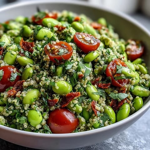 Colorful Edamame and Quinoa Salad, bursting with fresh vegetables and citrus dressing.