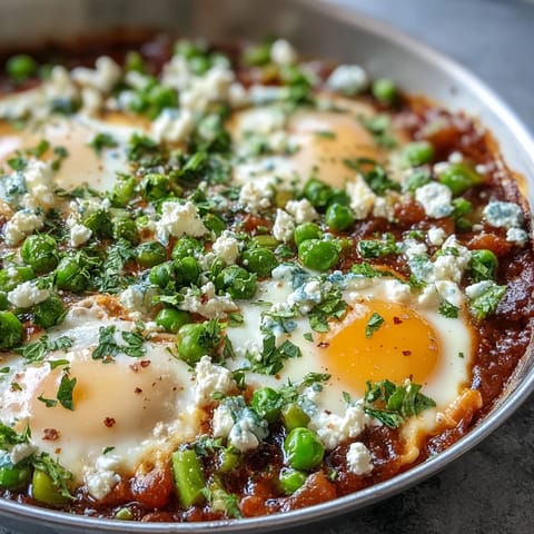 A close-up of Pea and Broad Bean Shakshuka in a skillet, featuring runny eggs, bright green peas, and asparagus spears.