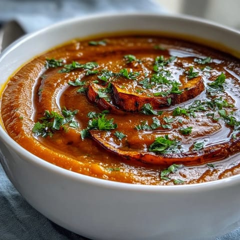 Creamy roasted vegetable soup made from oven caramelized carrots, sweet potato, and red pepper.