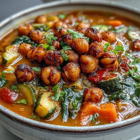 Close-up of golden roasted chickpeas and tender kale inside a rich Spiced Chickpea and Vegetable Soup, ready to serve.