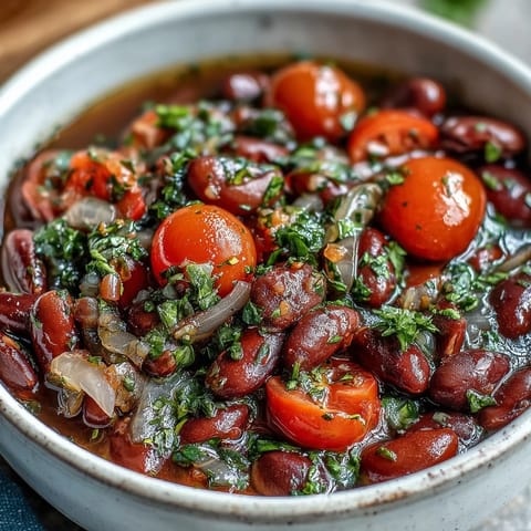 A hearty bowl of Three-Bean Salad Soup with a tangy vinaigrette broth, garnished with parsley and served alongside crusty bread for dipping.