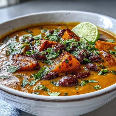 Hearty Sweet Potato and Black Bean Soup served with lime wedges and tortilla chips on a wooden table.