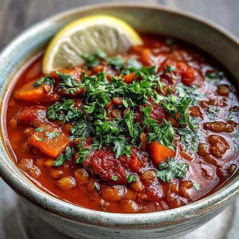 Close-up of Tomato Lentil Soup shows a thick, savory texture with a lemon wedge on a rustic table.