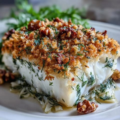 Tender halibut with crispy lemon-walnut pangrattato and baked fennel, plated for a restaurant-quality weeknight dinner.