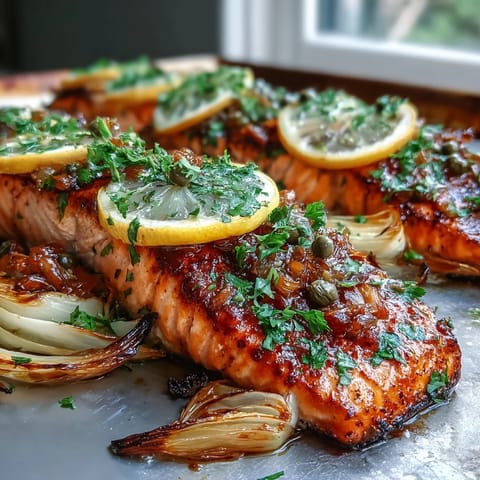 Sizzling One-Pan Roast Salmon With Leeks, Onions, and Parsley Dressing fresh from the oven on a baking sheet.