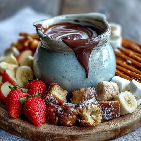 Creamy Boozy Chocolate Fondue with strawberries and pound cake cubes for dipping.
