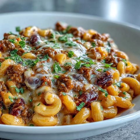 Topped One-Pan High Protein Chili Mac with sour cream, green onions, and crushed tortilla chips.