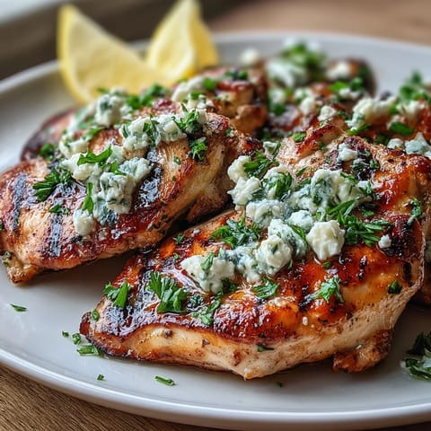 Golden marinated chicken topped with crumbled feta and fresh parsley for a Mediterranean meal.