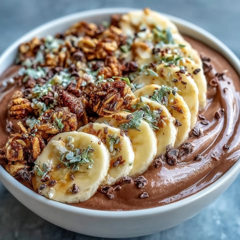 Creamy chocolate Chunky Monkey Smoothie Bowls topped with sliced bananas, crunchy maple granola, and cacao nibs.