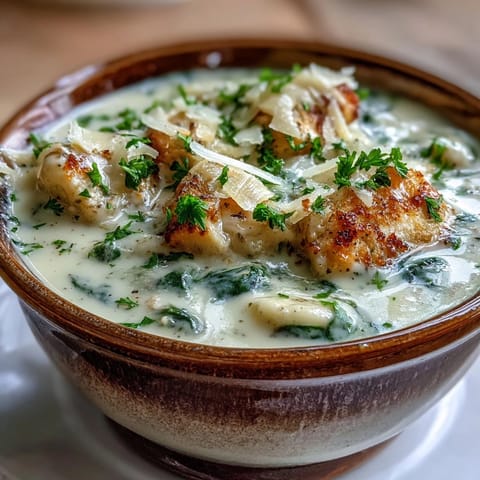 A warm bowl of Garlic Parmesan Chicken Soup garnished with parsley, featuring tender chicken pieces and a creamy, velvety broth.