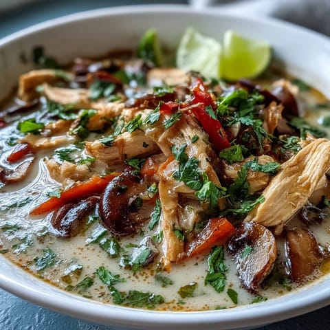 Thai Coconut Curry Soup Bowl served hot in a white bowl, garnished with fresh cilantro and vibrant red chili slices.  