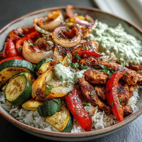 A close-up view of Sheet Pan Fajita Bowl shows tender chicken, roasted onions, and peppers over a bed of white rice with avocado slices on top.