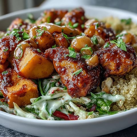 Hot Honey Chicken Bowl with golden roasted sweet potatoes and fluffy quinoa, drizzled with tangy mustard dressing.