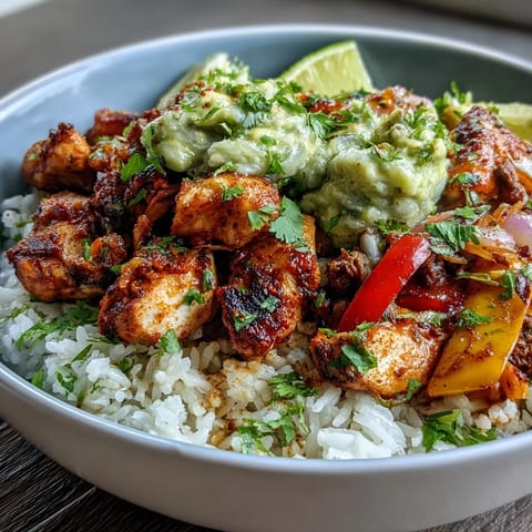 Sheet Pan Chicken Tinga Bowl featuring smoky chipotle chicken and roasted bell peppers piled over fluffy white rice.