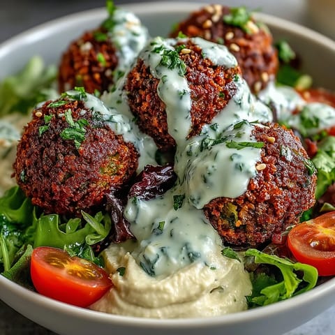 Fresh, crispy falafel balls rest atop creamy hummus and bright greens in a vibrant Falafel Bowl, drizzled with tahini sauce. 