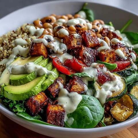 A close-up view of a hearty Black-Eyed Pea Buddha Bowl, featuring golden roasted vegetables, sliced avocado, and fresh cilantro piled high on a bed of quinoa.
