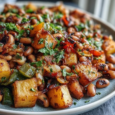 Roasted black-eyed peas and golden potatoes tossed with peppers and onions in Black-Eyed Pea Hash.