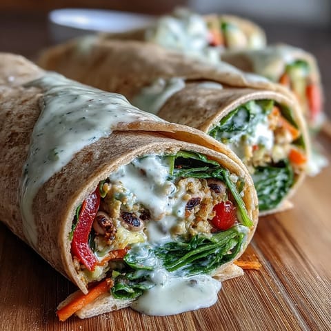 Freshly assembled Black-Eyed Pea Wraps with vibrant carrots, bell peppers, and spinach rolled in whole wheat tortillas.