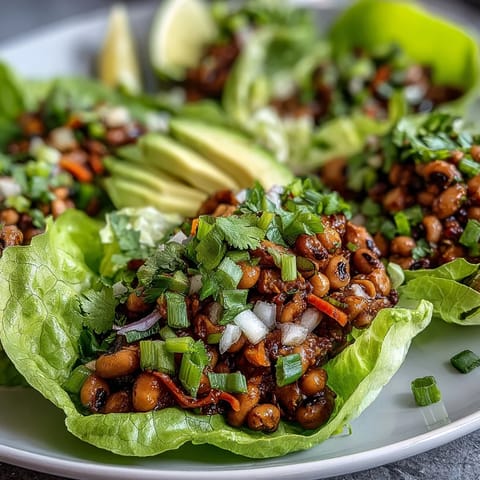 Crisp butter lettuce cups filled with seasoned Black-Eyed Pea Lettuce Wraps, topped with fresh avocado and hot sauce.